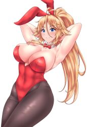 Rule 34 | 1girl, absurdres, animal ears, arms behind head, black pantyhose, blonde hair, blue eyes, bow, bowtie, breasts, cowboy shot, detached collar, hiballista, highres, large breasts, leotard, mouth hold, original, pantyhose, playboy bunny, ponytail, rabbit ears, red bow, red bowtie, red leotard, simple background, smile, solo, strapless, strapless leotard, white background