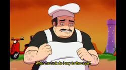 Rule 34 | 1boy, apron, arm hair, artist name, black hair, black shirt, chef hat, clenched hands, commentary, english commentary, facial hair, fat, fat man, grass, hat, highres, male focus, motor vehicle, mustache, nervous sweating, orange sky, outdoors, peppino spaghetti, pillarboxed, pizza box, pizza tower, profanity, scooter, shirt, short hair, short sleeves, sky, solo, sugarshoot, sweat, teeth, tower, upper body, white apron, worried