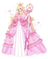 1girl adapted_costume alternate_costume blonde_hair blue_eyes bow crown dress earrings frilled_dress frills gloves heart highres holding holding_staff jewelry long_hair looking_at_viewer mario_(series) meowwniz nintendo pink_dress princess_peach simple_background smile solo staff