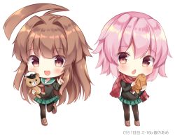 Rule 34 | 2girls, :d, ahoge, bad id, bad nicoseiga id, black legwear, brown eyes, brown hair, commentary request, fang, food, green sailor collar, green skirt, holding, holding food, huge ahoge, kantai collection, kuma (kancolle), long hair, long sleeves, masayo (gin no ame), multiple girls, necktie, open mouth, pantyhose, pink hair, pleated skirt, red eyes, red neckwear, red scarf, sailor collar, scarf, school uniform, serafuku, short hair, simple background, skirt, smile, stuffed animal, stuffed toy, taiyaki, tama (kancolle), teddy bear, wagashi, white background