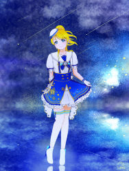 Rule 34 | 1girl, anchor print, anchor symbol, aqua bow, artist name, artist request, asymmetrical gloves, ayase eli, blonde hair, blue bow, blue eyes, blue gloves, blue shirt, blue skirt, blue sky, blush, boots, bow, bow earrings, bowtie, breasts, center frills, cloud, collarbone, collared shirt, dress, dress shirt, earrings, female focus, floating hair, frilled skirt, frills, full body, gloves, hair between eyes, hair over shoulder, hat, hat bow, high heel boots, high heels, high ponytail, highres, holding, holding clothes, holding skirt, jewelry, long hair, looking at viewer, love live!, love live! school idol festival, love live! school idol project, miniskirt, mismatched gloves, night, night sky, outdoors, parted lips, plaid, plaid skirt, pleated, pleated skirt, ponytail, puffy short sleeves, puffy sleeves, sailor collar, sailor hat, shirt, shooting star, short hair, short sleeves, skirt, sky, smile, solo, standing, star (sky), star (symbol), star print, suspender skirt, suspenders, white footwear, white gloves, white hat, white high heels, white legwear, white sailor collar, white shirt, white skirt