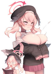 Rule 34 | 1girl, alternate breast size, black headwear, black shirt, blue archive, blush, book, breast expansion, breasts, buttons, halo, hat, head wings, holding, holding book, hsuliherng, koharu (blue archive), large breasts, off shoulder, open book, open mouth, oppai loli, pink hair, pleated skirt, popped button, purple eyes, shirt, simple background, skirt, sleeves past fingers, sleeves past wrists, twintails, undersized clothes, white background, wings
