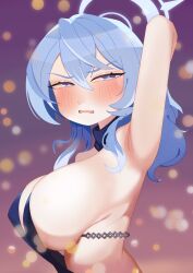 Rule 34 | 1girl, absurdres, ako (blue archive), ako (dress) (blue archive), arm behind head, armpits, blue archive, blue eyes, blue hair, blush, breasts, dress, halo, highres, huge breasts, large breasts, looking at viewer, medium hair, noxtwice, official alternate costume, shy, solo