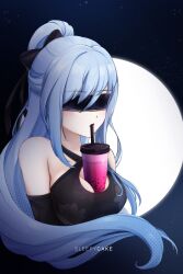Rule 34 | bare shoulders, black bow, black dress, blindfold, blue hair, bow, breasts, bubble tea, bubble tea challenge, cleavage, dress, drinking, drinking straw, facing to the side, hair bow, hair ornament, high ponytail, highres, honkai: star rail, honkai (series), jingliu (honkai: star rail), large breasts, moon, night, night sky, ponytail, sky, sleepycake