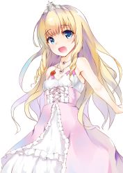 Rule 34 | 10s, 1girl, :d, amagi brilliant park, blonde hair, blue eyes, blush, breasts, bug, butterfly, dress, henet hene, insect, jewelry, latifa fleuranza, long hair, necklace, open mouth, sleeveless, small breasts, smile, solo, standing, tiara, white background
