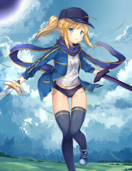 Rule 34 | 1girl, :o, absurdres, ahoge, artoria pendragon (fate), baseball cap, black buruma, black hat, black thighhighs, blonde hair, blue eyes, blue footwear, blue jacket, blue scarf, blush, buruma, clothes writing, cloud, cloudy sky, day, dual wielding, fate (series), glint, gluteal fold, grass, hat, highres, himitsucalibur (fate), holding, holding sword, holding weapon, jacket, laces, leg up, long hair, long sleeves, looking at viewer, motion blur, mysterious heroine x (fate), open clothes, open jacket, outdoors, pocket, ponytail, rojiura satsuki: chapter heroine sanctuary, scarf, shirt, shoes, sidelocks, sky, sneakers, solo, standing, standing on one leg, sword, t-shirt, taro (ultrataro), thighhighs, track jacket, weapon, white shirt, wind