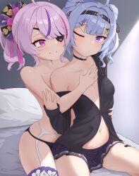 2girls ahoge black_shirt blue_hair blush breasts closed_mouth eyepatch garter_belt hairband highres maria_marionette medium_hair miniskirt multiple_girls navel nijisanji nijisanji_en off_shoulder on_bed one_eye_closed one_eye_covered pink_eyes pink_hair ponytail pout purple_eyes purple_skirt shirt sitting skirt small_breasts smile telomere topless virtual_youtuber yuri zaion_lanza