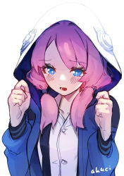 Rule 34 | 1girl, absurdres, arknights, blonde hair, blue eyes, blue hoodie, blue poison (arknights), blue poison (elite ii) (arknights), blush, buttons, collared shirt, hands up, highres, hood, hoodie, kani fish, long hair, long sleeves, looking at viewer, low twintails, open mouth, shirt, simple background, solo, twintails, undershirt, upper body, white background, white shirt