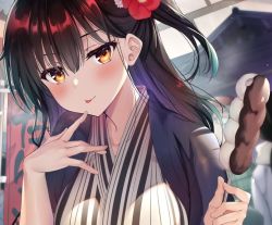 Rule 34 | 1girl, :p, blush, brown eyes, brown hair, flower, food, food request, hair flower, hair ornament, hands up, haori, holding, holding food, japanese clothes, looking at viewer, one side up, original, people, sanshoku amido, seductive smile, smile, solo focus, tongue, tongue out, upper body, yellow eyes