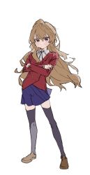 Rule 34 | 1girl, aisaka taiga, black ribbon, black thighhighs, blue skirt, brown eyes, brown footwear, brown hair, buttons, closed mouth, collared shirt, commentary request, crossed arms, double-breasted, full body, hair between eyes, highres, jacket, light blush, long hair, long sleeves, looking at viewer, neck ribbon, oohashi high school uniform, pleated skirt, red jacket, ribbon, school uniform, shirt, simple background, skirt, solo, standing, sugata dski, sweatdrop, thighhighs, toradora!, twitter username, white background, white shirt, zettai ryouiki