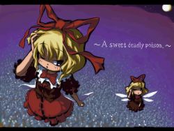 Rule 34 | 1girl, blonde hair, bow, bowtie, dress, fairy, fairy wings, female focus, flying, full body, looking at viewer, medicine melancholy, moon, red bow, red bowtie, red dress, short hair, solo, su-san, touhou, wings