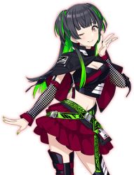 Rule 34 | 1girl, belt, black hair, breasts, brown eyes, capelet, cleavage, cleavage cutout, closed mouth, clothing cutout, detached sleeves, fingernails, frilled skirt, frills, green hair, green nails, hand up, idol clothes, idolmaster, idolmaster shiny colors, long hair, looking at viewer, mayuzumi fuyuko, multicolored hair, nail polish, navel, official art, one eye closed, red skirt, skirt, smile, solo, tachi-e, transparent background, two-tone hair, two side up