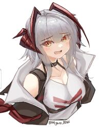 Rule 34 | 1girl, antenna hair, arknights, black coat, blush, breasts, chest harness, choker, cleavage, coat, collared shirt, cropped torso, dot nose, fang, grey hair, harness, highres, long hair, looking at viewer, medium breasts, n4gare b0shi, off shoulder, open mouth, orange eyes, shirt, slit pupils, smile, solo, tank top, twitter username, upper body, w (arknights), white background, white shirt