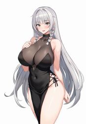 Rule 34 | 1girl, absurdres, azur lane, bare arms, bare shoulders, bilei, black dress, blush, braid, breasts, collarbone, covered navel, dress, grey eyes, grey hair, highres, large breasts, long hair, looking at viewer, open mouth, simple background, smile, solo, thighs, twin braids, vittorio veneto (azur lane), white background