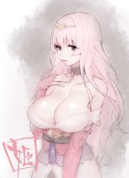 Rule 34 | 1girl, bare shoulders, breasts, cleavage, collarbone, fingerless gloves, gloves, highres, himeji (oshiro project), large breasts, long hair, looking at viewer, oshiro project:re, oshiro project:re, pink hair, purple eyes, rococolove, smile, solo, tiara, upper body, very long hair, wavy hair