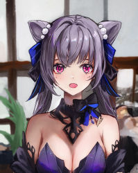 Rule 34 | 1girl, :o, bare shoulders, breasts, cleavage, cone hair bun, dana (hapong07), detached collar, detached sleeves, dress, fang, genshin impact, hair bobbles, hair bun, hair ears, hair ornament, highres, keqing (genshin impact), keqing (opulent splendor) (genshin impact), long hair, looking at viewer, medium breasts, open mouth, pink eyes, purple dress, purple hair, solo, strapless, strapless dress, twintails, upper body