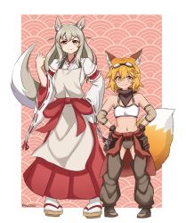 Rule 34 | 2girls, absurdres, adjustable wrench, animal ear fluff, animal ears, apron, blonde hair, blush, boots, breasts, brown apron, brown footwear, brown hair, clothes around waist, cosplay, costume switch, cowboy boots, crossover, detached sleeves, elbow pads, fox, fox ears, fox girl, fox tail, full body, goggles, goggles on head, hair flaps, hakama, hakama skirt, hands on own hips, highres, japanese clothes, kimono, kitsune, lily the mechanic, long hair, looking at viewer, lost pause, mechanic, miko, multiple girls, navel, puffy detached sleeves, puffy sleeves, red hakama, ribbon-trimmed sleeves, ribbon trim, senko (sewayaki kitsune no senko-san), senko (sewayaki kitsune no senko-san) (cosplay), sewayaki kitsune no senko-san, short hair, skirt, smile, standing, tail, tail raised, tool belt, tools, trait connection, v-shaped eyebrows, white kimono, wrench, yellow eyes, ysui0000
