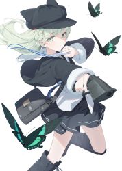 Rule 34 | 1girl, absurdres, animal hat, bag, black hat, black jacket, black skirt, blue necktie, boots, braid, bug, butterfly, cabbie hat, cat hat, closed mouth, commentary request, floating hair, gangsta hold, green eyes, green hair, gun, handgun, hat, highres, holding, holding gun, holding weapon, id card, insect, jacket, knee boots, lanyard, leg up, long hair, long sleeves, looking at viewer, mikisai, necktie, original, shoulder bag, skirt, smile, solo, weapon, white background