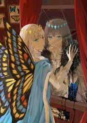 Rule 34 | 2boys, against mirror, arthropod boy, blue butterfly, blue eyes, broken mirror, bug, butterfly, butterfly wings, cape, crown, diamond hairband, fate/grand order, fate (series), fur-trimmed cape, fur trim, grey hair, hand on mirror, highres, insect, insect wings, long hair, long sleeves, looking at viewer, looking back, male focus, mirror, mirror image, multiple boys, oberon (fate), oberon (third ascension) (fate), reflection, shirt, smile, solo, spoilers, uncleko5, upper body, wings