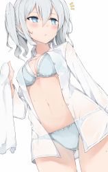 Rule 34 | 10s, 1girl, :o, blue eyes, blush, bow, bow panties, bra, breasts, buttons, cole (coleltu), cowboy shot, gluteal fold, kantai collection, kashima (kancolle), looking away, medium breasts, navel, open clothes, open shirt, panties, see-through, shirt, silver hair, simple background, solo, standing, thigh gap, towel, twintails, underwear, wet, white background, white shirt
