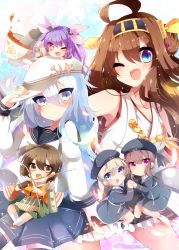 Rule 34 | 10s, 6+girls, ahoge, arrow (projectile), bad id, bad pixiv id, blue background, blue eyes, blue hair, blush, bow (weapon), brown eyes, brown hair, clothes writing, cup, hairband, hat, hibiki (kancolle), highres, hiryuu (kancolle), holding hands, i-19 (kancolle), kaenuco, kantai collection, kongou (kancolle), long hair, mini person, minigirl, multicolored eyes, multiple girls, on head, one eye closed, open mouth, person on head, purple eyes, purple hair, red eyes, ribbon, short hair, silver hair, sitting, smile, teacup, torpedo, twintails, verniy (kancolle), weapon, wink, z1 leberecht maass (kancolle), z3 max schultz (kancolle)