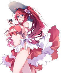 Rule 34 | 1boy, 1girl, ahoge, arm behind back, armpit peek, bare arms, bare legs, bare shoulders, bikini, bikini top only, bow, breasts, chibi, commentary request, cowboy shot, eyes visible through hair, flower, hair between eyes, hair flower, hair ornament, hair ribbon, hand up, hat, high ponytail, highres, hiiragi seiichi, lifting person, long hair, looking at viewer, medium breasts, midriff, navel, open mouth, pink bikini, pink bow, pink flower, pink skirt, ponytail, purple eyes, red hair, ribbon, saria (shinka no mi), shinka no mi, side-tie skirt, side-tie swimsuit, sideboob, sideways glance, simple background, sitting, skirt, smile, spread legs, standing, swimsuit, textless version, thighs, two-sided fabric, two-sided skirt, two-tone skirt, u35, underboob, very long hair, white background, white bow, white headwear, white ribbon, white skirt, wind, wind lift