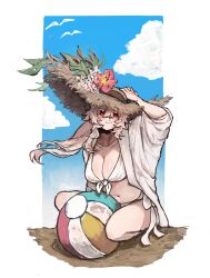 Rule 34 | 1girl, animal, arm up, ball, beachball, bikini, bikini under clothes, bird, blue sky, breasts, brown hat, bssuuu, cleavage, closed mouth, cloud, collarbone, commentary, copyright request, day, floating hair, flower, front-tie bikini top, front-tie top, full body, grey hair, hair between eyes, hand on headwear, hat, hat flower, highres, jacket, looking at viewer, medium breasts, navel, open clothes, open jacket, red flower, sky, smile, solo, squatting, straw hat, swimsuit, symbol-only commentary, white bikini, white jacket