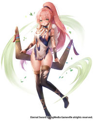 Rule 34 | 1girl, absurdres, apple caramel, blush, boomerang, breasts, brown thighhighs, copyright request, dual wielding, eternal sword, green eyes, hair ribbon, highres, holding, jewelry, looking at viewer, medium breasts, necklace, o-ring, official art, pink hair, ribbon, scratches, standing, thighhighs, torn clothes, torn legwear, white background