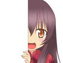 Rule 34 | 10s, 1girl, :d, aoki hagane no arpeggio, blush, bow, brown eyes, brown hair, capelet, dress, hiding, long hair, maya (aoki hagane no arpeggio), nagineko, open mouth, peeking out, personification, ribbon, smile, solo, transparent background