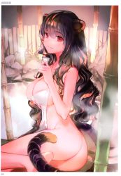 Rule 34 | 1girl, absurdres, animal ears, arms under breasts, artist name, bamboo, bare shoulders, bath, black hair, blush, border, breast hold, breasts, cleavage, closed mouth, collarbone, cup, fang, fang out, hair between eyes, hand up, highres, holding, holding cup, hougu souji, large breasts, long hair, looking at viewer, onsen, original, page number, red eyes, rock, sidelocks, sitting, smile, solo, steam, striped tail, tail, tail raised, tiger ears, tiger girl, tiger stripes, tiger tail, toranoana, towel, very long hair, water, wavy hair, white border, white towel, yokozuwari