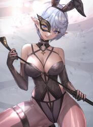 Rule 34 | 1girl, ahoge, animal ears, black bustier, black footwear, black gloves, black hairband, black mask, black panties, breasts, chest harness, cleavage, commentary, earrings, elbow gloves, elf, eye mask, fake animal ears, gloves, grey hair, hairband, half mask, hand up, harness, highres, hitowa, holding, holding riding crop, jewelry, large breasts, lips, looking at viewer, mask, mask over one eye, mole, mole on breast, original, panties, pantyhose, parted lips, pink pantyhose, pointy ears, purple eyes, rabbit ears, riding crop, short hair, solo, star (symbol), star earrings, teeth, thighband pantyhose, underwear