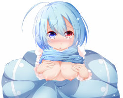 Rule 34 | 1girl, :o, ahoge, blue eyes, blue hair, blush, breast suppress, breasts, clothes lift, female focus, from above, hands on breasts, heterochromia, highres, hiro (pqtks113), long sleeves, looking at viewer, looking up, matching hair/eyes, nipples, red eyes, shirt lift, short hair, simple background, skirt, solo, tatara kogasa, touhou, white background