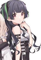 Rule 34 | 2girls, armlet, bad id, bad twitter id, bare shoulders, black bow, black hair, blouse, blunt bangs, bow, breasts, brown eyes, character request, chiri (ch!), choker, closed mouth, eyebrows hidden by hair, facing to the side, green stripe, hair ribbon, idolmaster, idolmaster shiny colors, long hair, looking at viewer, mayuzumi fuyuko, multicolored hair, multiple girls, profile, ribbed shirt, ribbon, shirt, small breasts, strapless, strapless shirt, streaked hair, twintails, upper body, wavy hair, white background, white shirt