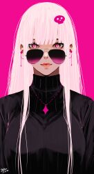 Rule 34 | 1girl, black sweater, breasts, dated, hair ornament, highres, hololive, hololive english, jewelry, large breasts, lips, long hair, looking at viewer, mori calliope, necklace, parted lips, pink background, pink eyes, pink hair, ribbed sweater, signature, simple background, skull hair ornament, steb, sunglasses, sweater, tinted eyewear, virtual youtuber