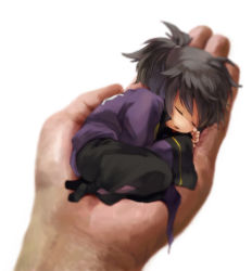 Rule 34 | 00s, 1boy, black hair, in palm, male focus, mini person, miniboy, ponytail, raven (tales), sleeping, solo focus, tales of (series), tales of vesperia, white background, yoshida nishi