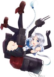 Rule 34 | 10s, 1girl, absurdres, ahoge, armpits, arms up, black gloves, black skirt, black thighhighs, blue eyes, blue neckerchief, blush, braid, breasts, brown footwear, elbow gloves, gloves, hazuki gyokuto, highres, kantai collection, long hair, looking at viewer, neckerchief, open mouth, panties, pantyshot, pleated skirt, shoes, sideboob, silver hair, simple background, single braid, skirt, small breasts, smokestack, solo, thighhighs, turret, umikaze (kancolle), underwear, white background, white panties