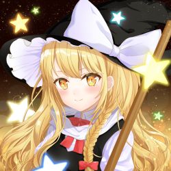 Rule 34 | 1girl, black hat, blonde hair, blush, bow, bowtie, braid, closed mouth, collared shirt, curly hair, floating hair, hair bow, hat, hat bow, hei kuang jun, highres, kirisame marisa, lens flare, long hair, looking at viewer, red bow, red bowtie, shirt, single braid, smile, solo, star (symbol), touhou, upper body, very long hair, white bow, white shirt, wing collar, witch hat, yellow eyes