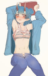 Rule 34 | 1girl, arms behind head, arms up, at2., blue bra, blue hair, blush, bra, bright pupils, character request, copyright request, crop top lift, grey eyes, hair bun, highres, horns, long hair, looking at viewer, multicolored bra, multicolored clothes, navel, pointy ears, single hair bun, sketch, solo, striped bra, striped clothes, underwear, white bra, white pupils