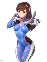 Rule 34 | acronym, animal print, armor, blue bodysuit, bodysuit, boots, bracer, breasts, breasts apart, brown eyes, brown hair, choconyan (rlflsahs123), closed mouth, covered erect nipples, covered navel, cowboy shot, d.va (overwatch), emblem, facepaint, facial mark, gloves, hand on headphones, hands up, headphones, legs together, lips, logo, long hair, looking at viewer, medium breasts, overwatch, overwatch 1, pauldrons, pilot suit, pink lips, pointing, pointing at viewer, rabbit print, ribbed bodysuit, shoulder armor, shoulder pads, simple background, skin tight, solo, thigh boots, thigh gap, thigh strap, thighhighs, turtleneck, whisker markings, white background, white gloves