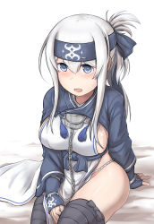 Rule 34 | 10s, 1girl, absurdres, ainu, ainu clothes, bandana, bed, between legs, black thighhighs, blue eyes, breasts, chain, commentary request, cropped jacket, dress, folded ponytail, hand between legs, headband, highres, kamoi (kancolle), kantai collection, kiritto, large breasts, long hair, long sleeves, looking at viewer, open mouth, sidelocks, simple background, sitting, sleeveless, sleeveless dress, solo, thighhighs, white background, white dress, white hair, wrist guards