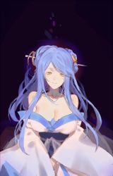 Rule 34 | 1girl, bad id, bad pixiv id, bare shoulders, black background, blue hair, breasts, cleavage, collarbone, large breasts, light smile, long hair, looking at viewer, red cucumber, simple background, solo, yellow eyes