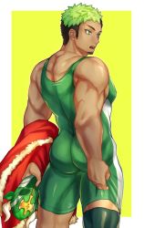 Rule 34 | 1boy, ass, ass focus, bara, bare shoulders, black hair, clothes pull, dark-skinned male, dark skin, facial hair, from behind, goatee, gozu farm, green eyes, green hair, highres, ikusaba daisuke, looking to the side, male focus, multicolored hair, muscular, short hair, sideburns, skin tight, solo, taurus mask, thick thighs, thighs, tight clothes, tokyo houkago summoners, two-tone hair, wrestling mask, wrestling outfit