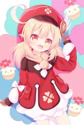 Rule 34 | :d, blonde hair, bloomers, brown gloves, cabbie hat, charm (object), clover print, dress, genshin impact, gloves, hat, hat feather, highres, jumpy dumpty, klee (genshin impact), long sleeves, low twintails, open mouth, pointy ears, red dress, red eyes, red headwear, smile, twintails, underwear, yottacc