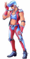 Rule 34 | 1boy, belt buckle, blue hair, boots, buckle, crazy diamond, earrings, elbow pads, facial hair, fingerless gloves, gloves, goatee, heart, highres, humanization, jewelry, jojo no kimyou na bouken, knee pads, lintufriikki, looking at viewer, male focus, midriff, personification, pompadour, purple eyes, shoulder pads, solo, spikes, vest