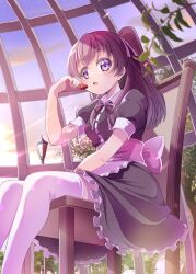 Rule 34 | 1girl, apron, back bow, black dress, bow, brown hair, chair, collared dress, commentary request, delicious party precure, dress, food, frilled dress, frills, fruit, highres, long hair, looking at viewer, nagomi yui, open mouth, plant, precure, purple eyes, short sleeves, sitting, solo, strawberry, thighhighs, tirofinire, two side up, white thighhighs