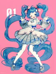Rule 34 | 1girl, ;o, absurdly long hair, adapted costume, arm tattoo, black footwear, black skirt, black sleeves, blue bow, blue eyes, blue hair, blush, bow, breasts, cleavage, cleavage cutout, clothing cutout, detached sleeves, full body, hair bow, hatsune miku, head tilt, headset, long hair, long sleeves, looking at viewer, medium breasts, one eye closed, open mouth, pink background, pleated skirt, puffy long sleeves, puffy sleeves, red bow, rinndouk, round teeth, shoes, simple background, skirt, sleeves past wrists, smile, solo, standing, striped, striped bow, tattoo, teeth, thighhighs, twintails, upper teeth only, very long hair, vocaloid, white thighhighs
