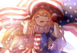 Rule 34 | 1girl, american flag, american flag dress, arms up, bad id, bad pixiv id, blonde hair, blurry, bokeh, clownpiece, commentary request, depth of field, closed eyes, facing viewer, fairy wings, flag, hat, highres, holding, holding flag, jester cap, light particles, long hair, mozuno (mozya 7), neck ruff, open mouth, polka dot headwear, simple background, solo, standing, teeth, touhou, upper body, upper teeth only, very long hair, white background, wings