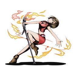 Rule 34 | 10s, 1girl, alpha transparency, boots, breasts, brown eyes, brown footwear, brown hair, cleavage, crop top, divine gate, fire, full body, high heels, holding, holding microphone, leaning back, leg up, medium breasts, meiko (vocaloid), microphone, multiple girls, navel, official art, outstretched arm, red skirt, shadow, shirt, short hair, skirt, sleeveless, sleeveless shirt, smile, solo, transparent background, ucmm, vocaloid