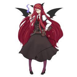 Rule 34 | 1girl, bat wings, bespectacled, book, canitama, female focus, full body, glasses, head wings, highres, koakuma, long hair, pantyhose, red eyes, red hair, solo, standing, tail, embodiment of scarlet devil, touhou, transparent background, wings