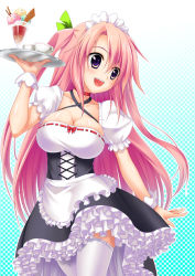 Rule 34 | 1girl, apron, breasts, cleavage, criss-cross halter, cup, food, hair ribbon, halterneck, halterneck, headdress, ice cream, long hair, open mouth, original, pink hair, pochadon, puffy sleeves, purple eyes, ribbon, skirt, smile, solo, thighhighs, tray, two side up, waist apron, waitress, white thighhighs, wrist cuffs